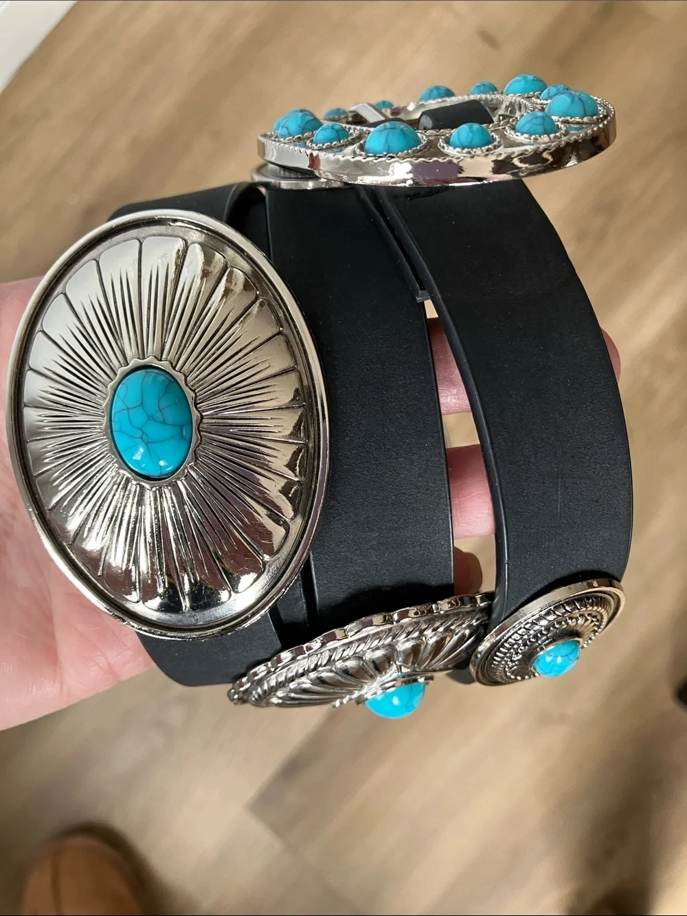 Western Turquoise Accent Black Women's Belt with Decorative Buckle L/XL